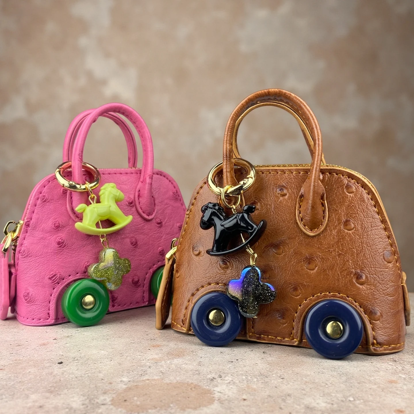 Mini Handbag Purse with Wheels&Rocking Horse-Cute Ostrich Pattern PU Leather Case for AirPods, Coin, Cable, Keychain Bag Charm