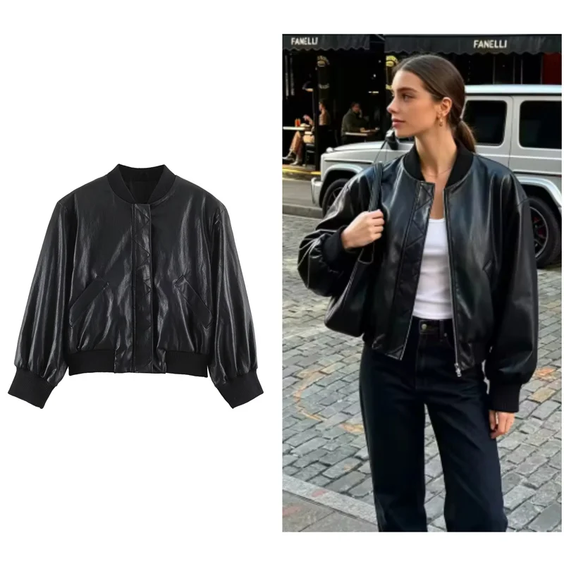 Guobioziy Women's Top 2026 Spring and Autumn New Fashion Versatile Shoulder-Padded Faux Leather Effect Solid Color Pilot Jacket