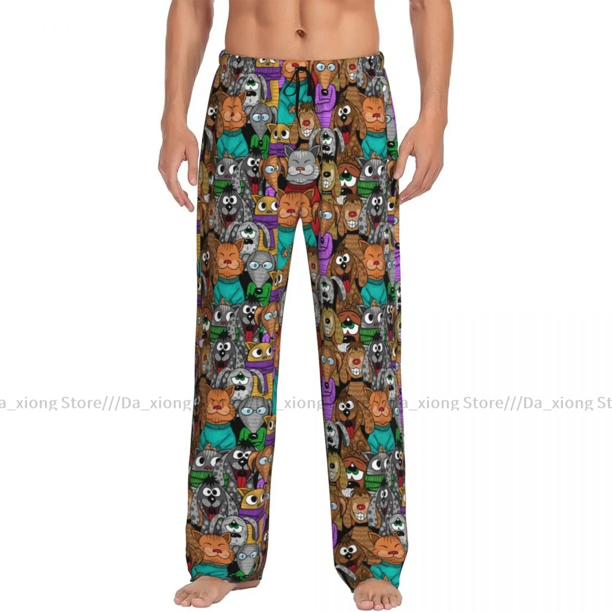 Mens Casual Pajama Long Pant Loose Elastic Waistband Comic Cartoon Cats And Dogs Cozy Sleepwear Home Lounge Pants