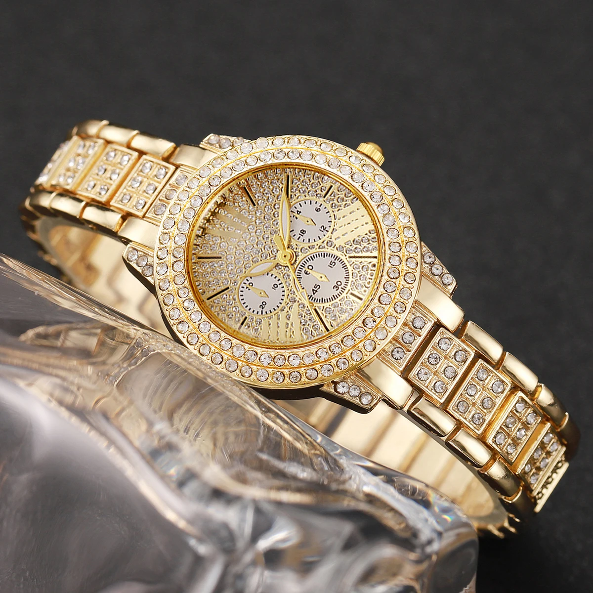 6PCS Fashion Women's Gold Watch Jewelry Set Crystal Heart Necklace Earrings Ring Bangle Luxury Quartz Wristwatch Reloj Mujer