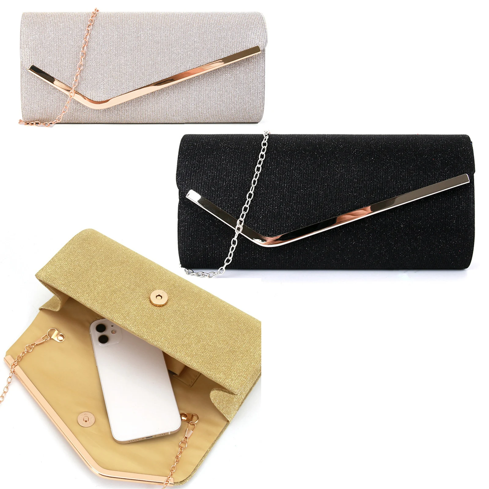 Fashion Women\'s Evening Clutch Bag Luxury Shiny Handbag Chain Shoulder Crossbody Bag Ladies Wedding Party Banquet Clutches Purse