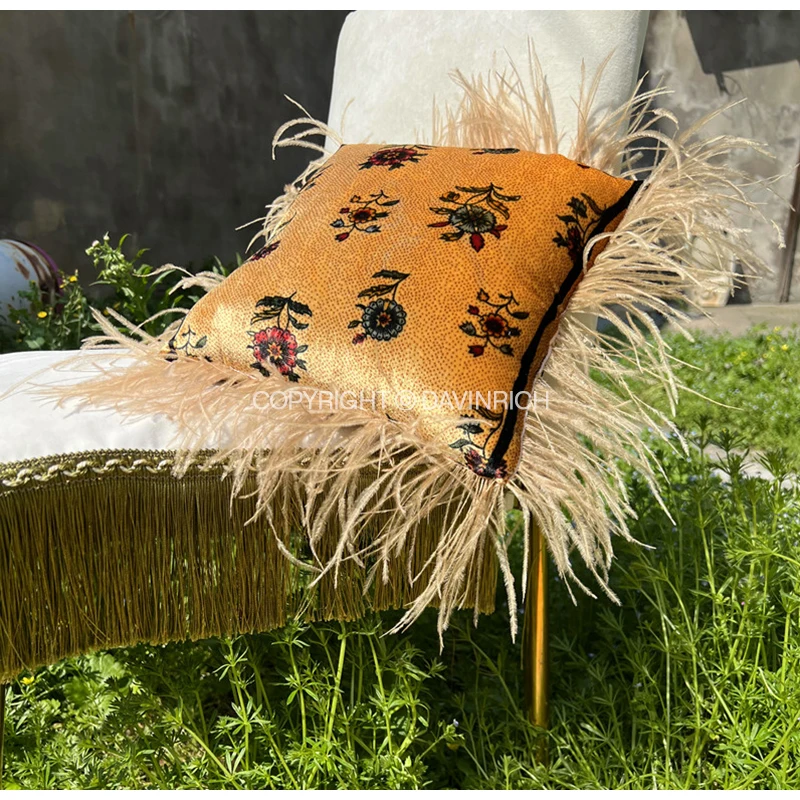 DAVINRICH Ancient Aesthetic Soft Hair Fringed Throw Pillow Covers Retro Shanghai Style French Silk Plush Cushion Case 28x28cm