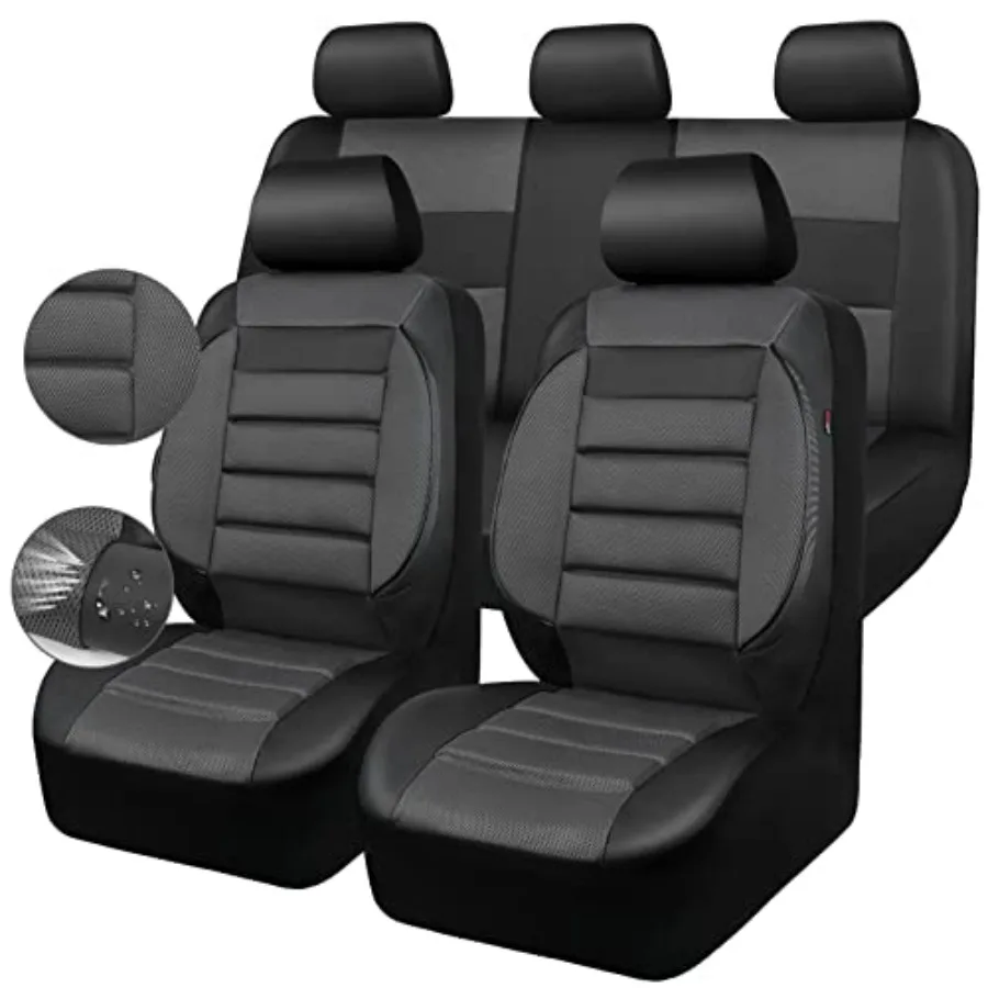 

Leather 3D Foam Back Support Car Seat Covers Full Set Air Mesh Automotive Seat Covers All Season Black Charcoal Gray Color Eleg