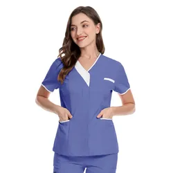 Nurse Uniform Women Solid Color Short V Neck Sleeve Scrubs Blouse Hospital Healthcare Working Tunic Spa Beauty Salon Workwear