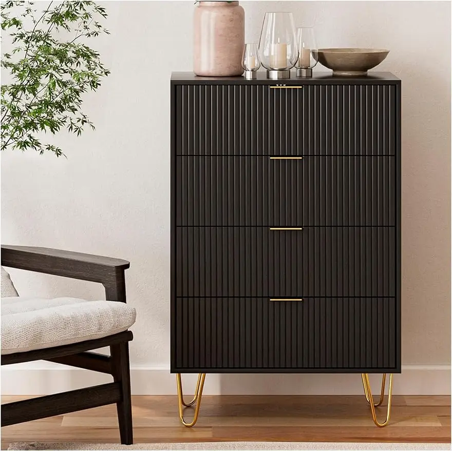 4 Drawer Dresser, Drawer Chest, Tall Storage Dresser Cabinet Organizer Unit with Gold Handles, Dresser for Bedroom Living Room