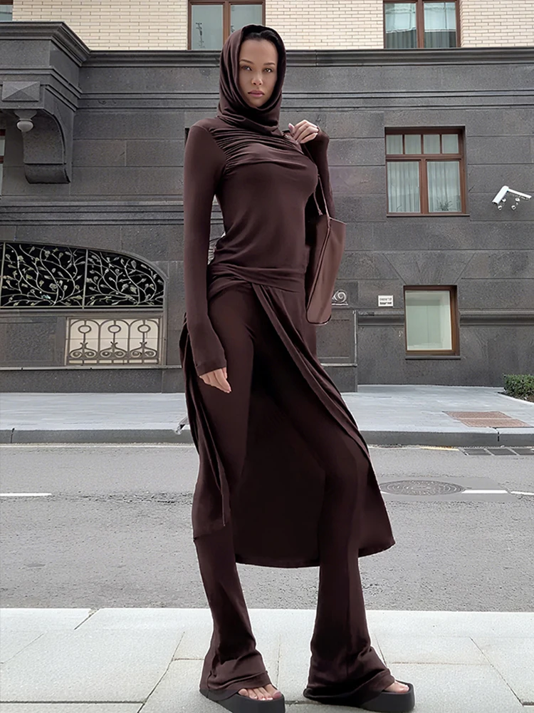 

Kliou Autumn New Style 2 Piece Set Woman Hooded Full Sleeve Splits Long Dresses+High Waist Flare Pants High Street Fashion Suits