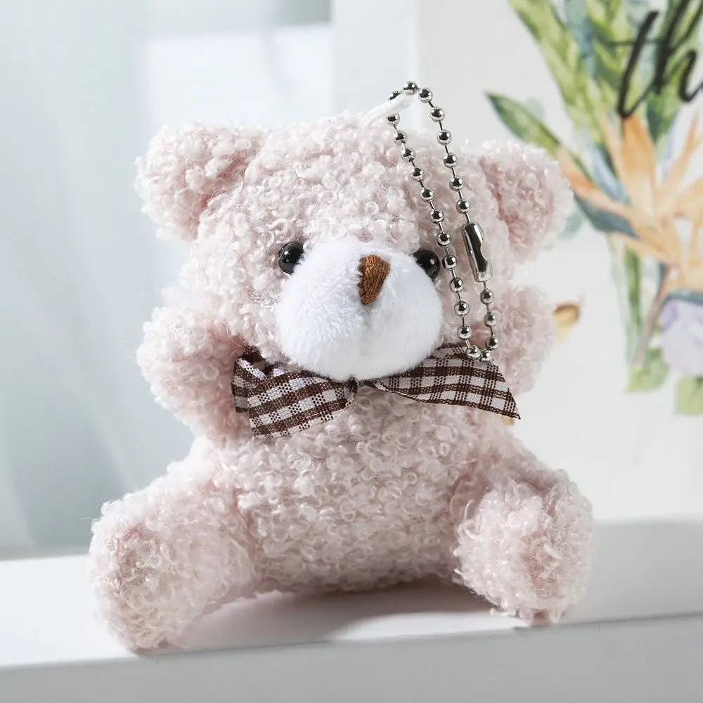 Novo design 8cm dos desenhos animados laço urso boneca chaveiros multicolorido urso de pelúcia presente macio pendurado urso de pelúcia universal