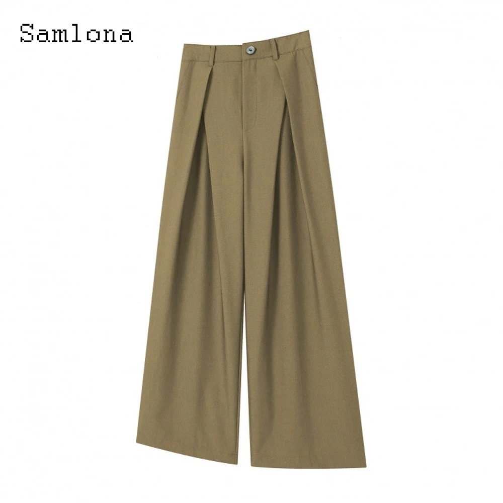 Samlona حجم كبير أزياء رجالي بنطال ذو قصة أرجل واسعة الصلبة البني الطابق طول بنطلون Kpop الكلاسيكية نابلي الأساسية دعوى بانت البنطلونات جديد