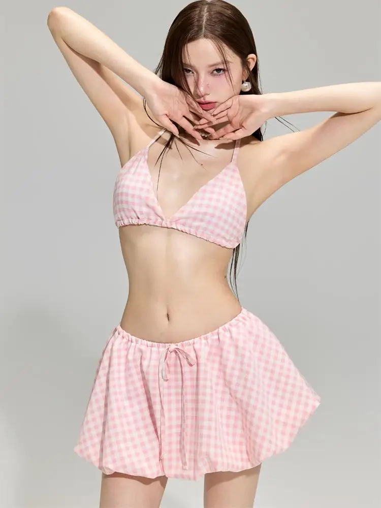 Loka Art Original 2025 New Girl Pink Plaid Anti-Aging Gathered Slimming Skirt Style Two-Piece Swimsuit Women's Bikini