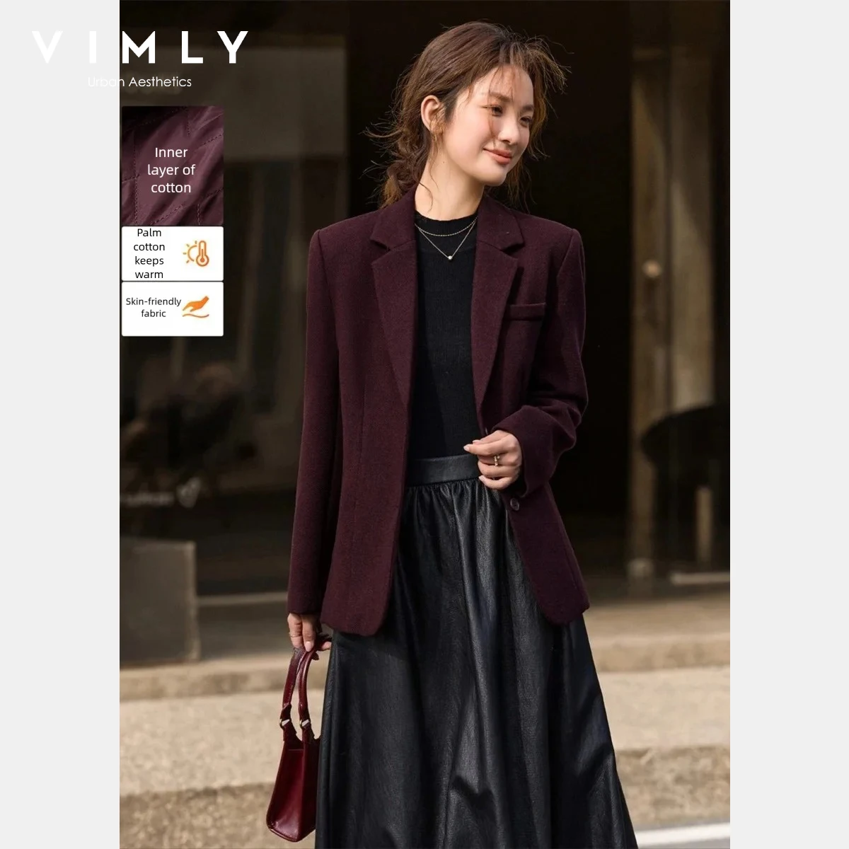 

VIMLY Retro Women's Jacket 2025 Winter Simple Notched Lapel Single Breasted Solid Blazer Jackets Quilted Female Outerwear A3269