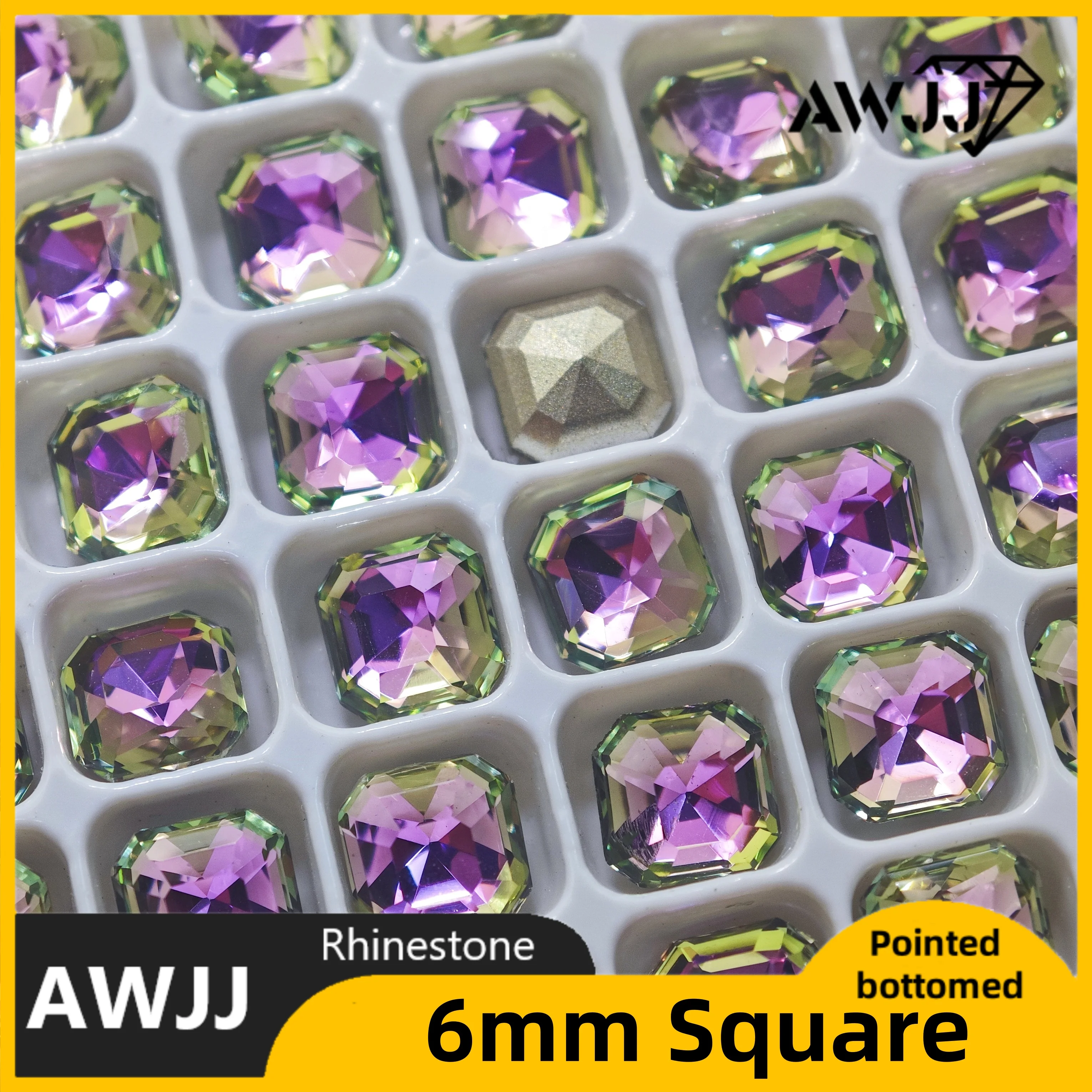Kryształki kwadratowe ośmiokątne 6 mm, wszystkie kolory, z ostrym dном, kamienie ozdobne do kolczyków, naszyjników, biżuterii do paznokci.