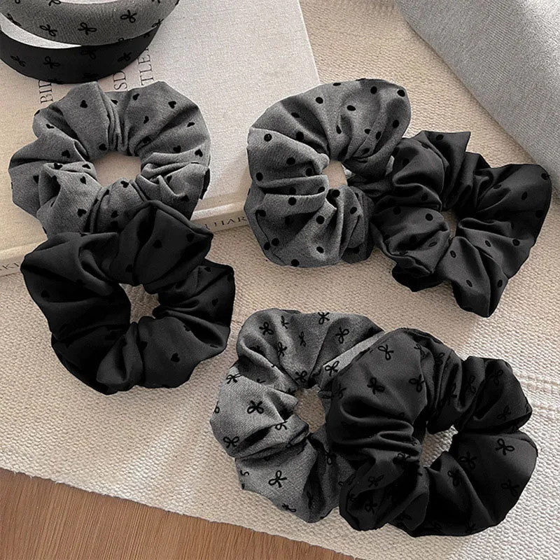 AISHG Polka Dot Hair Ties Rope Women Large Size Heart Bowknot Printed Scrunchies Grey Black Hairband Ponytail Holder Headwear image 4