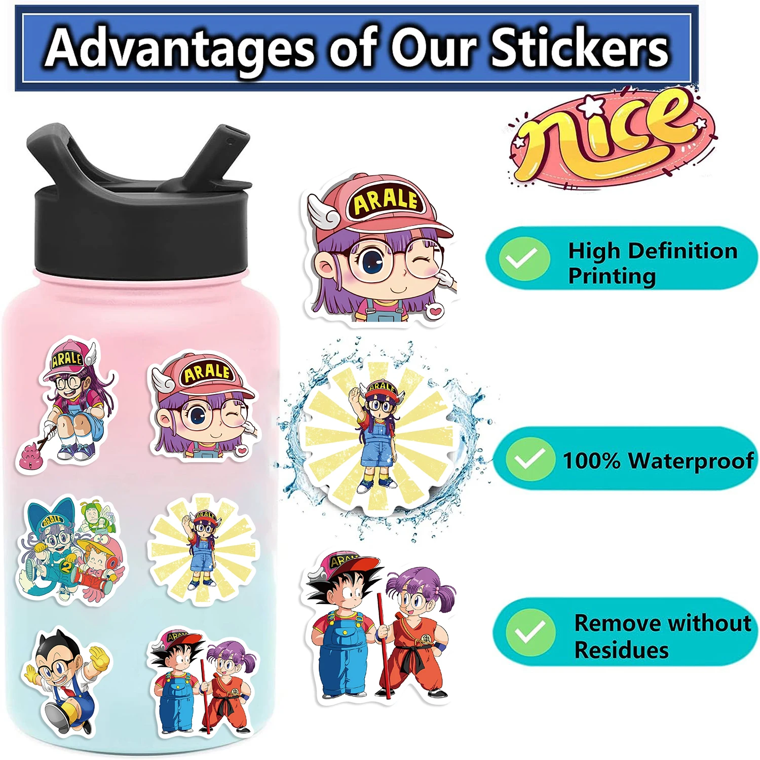 50pcs Cartoon Cute Arale Stickers Kawaii Graffiti Decals For Laptop Luggage Skateboard Phone Vinyl Waterproof Kids Stickers