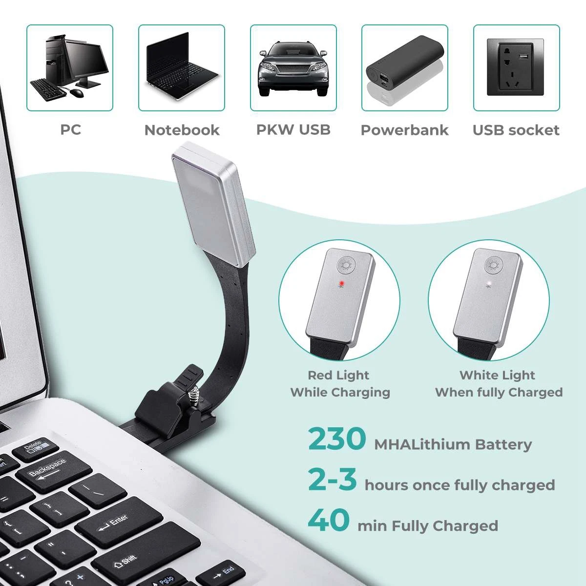 

ABKW-Rechargeable E-Book Led Light For Kindle Paper New Usb Reading Lamp Book Light Lamp Clip For Travel Bedroom Book Reader 3Mo