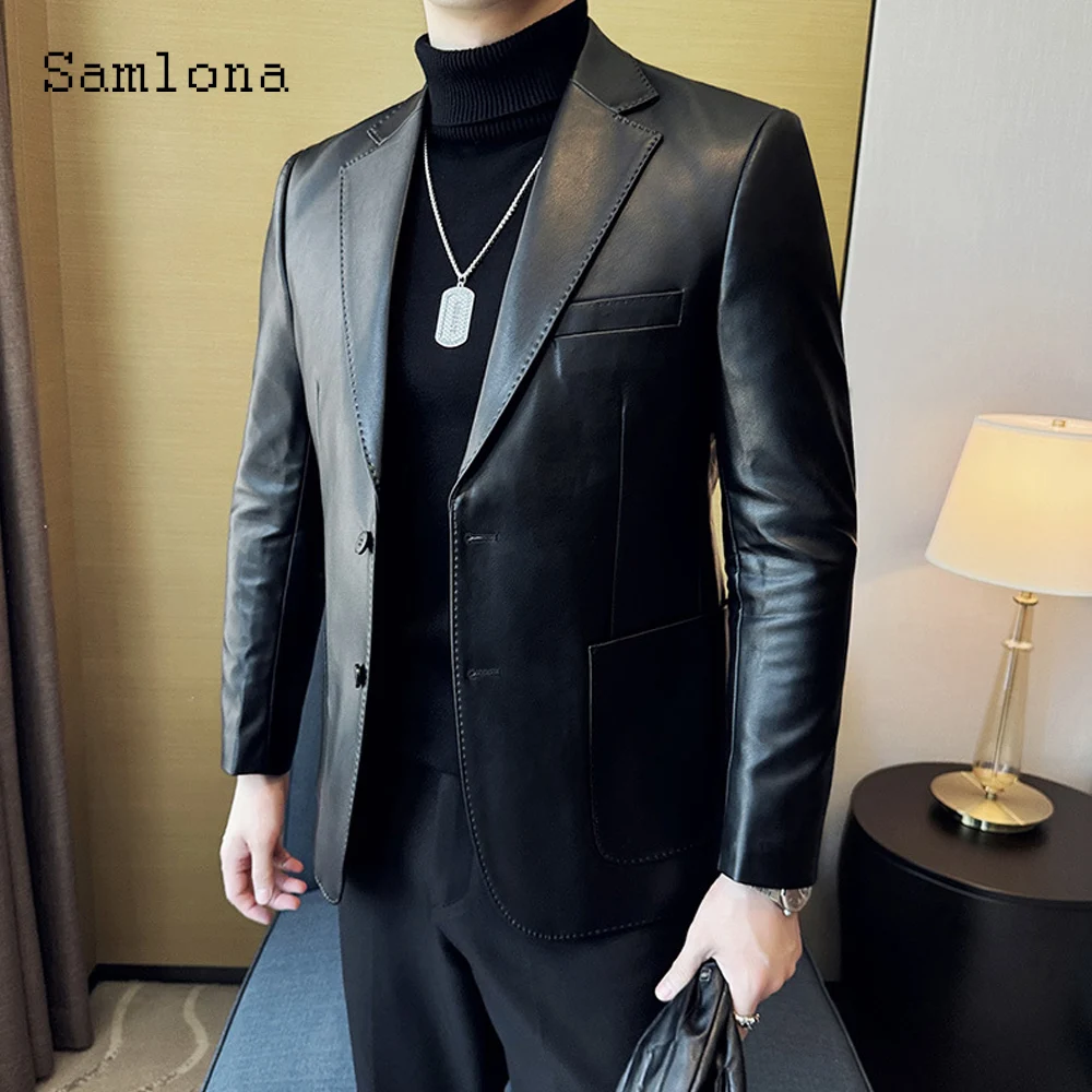 Men's Pu Leather Jackets 2025 New Autumn Notched Outerwear Black Green Faux Leather Motorcycle Jacket Men Stand Pocket Coats