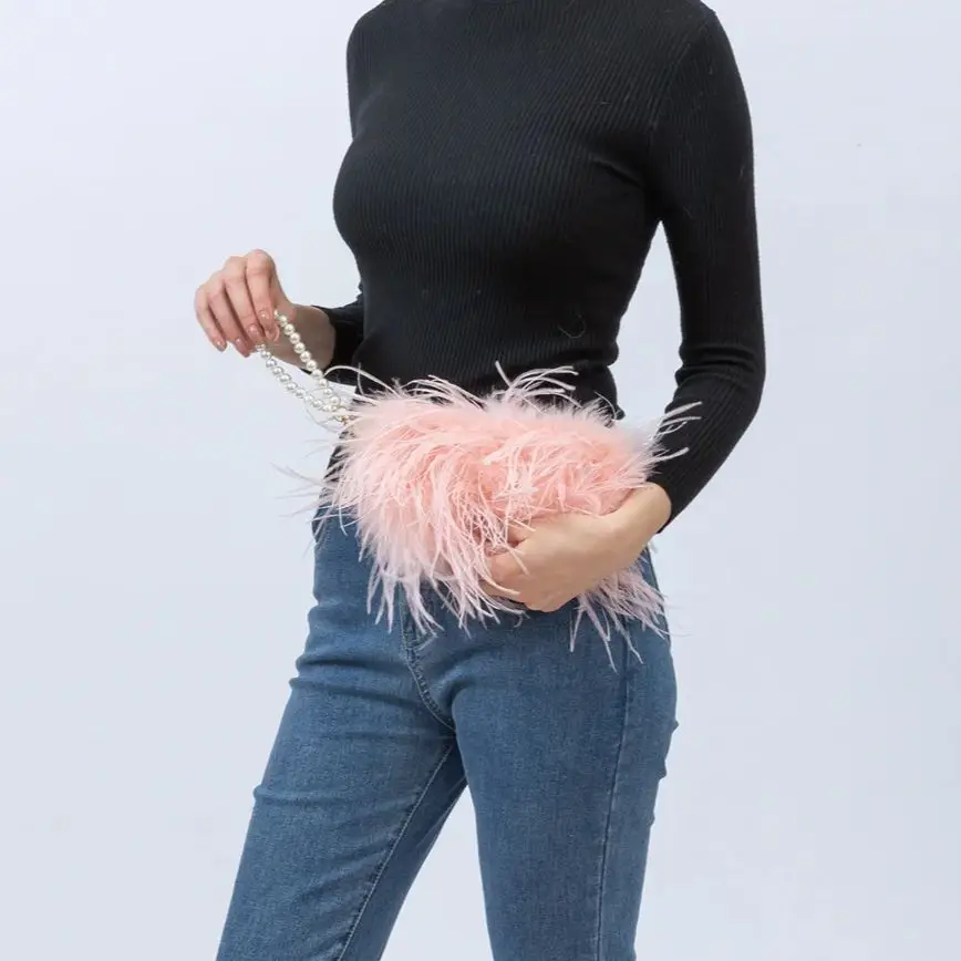 Ostrich Feather Handbag for Women, Mini Purse, Clutch with Pearl Chain, Luxury Party, 2024 Peach Fuzz