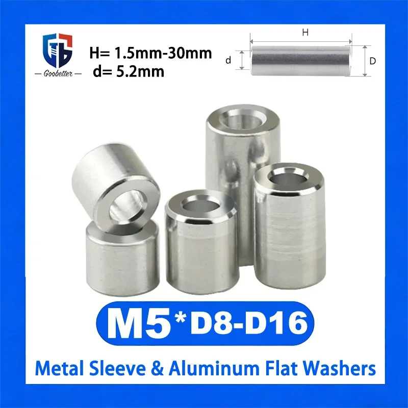

M5 Metal Sleeve Aluminum Flat Washers Aluminum Alloy Spacer Thick Bushings Length 1.5mm-30mm For Machinery Hardware Fasteners