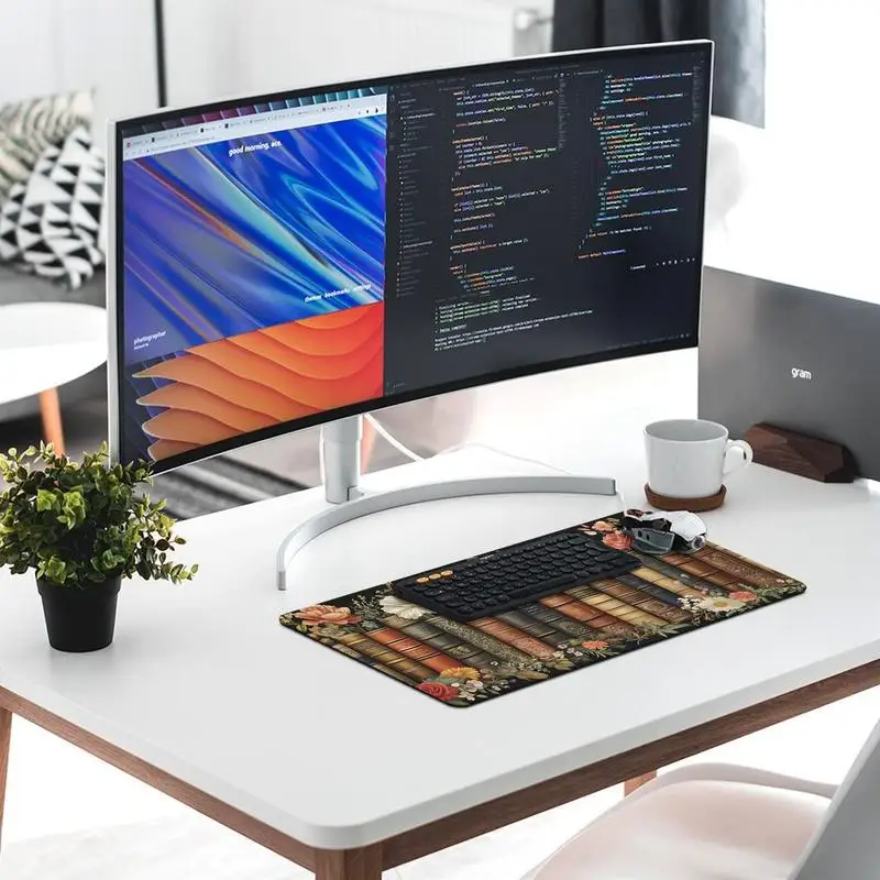 

Retro bookshelf design floral embellishment oversized durable mouse pad, optimized desktop space, sturdy material, versatile