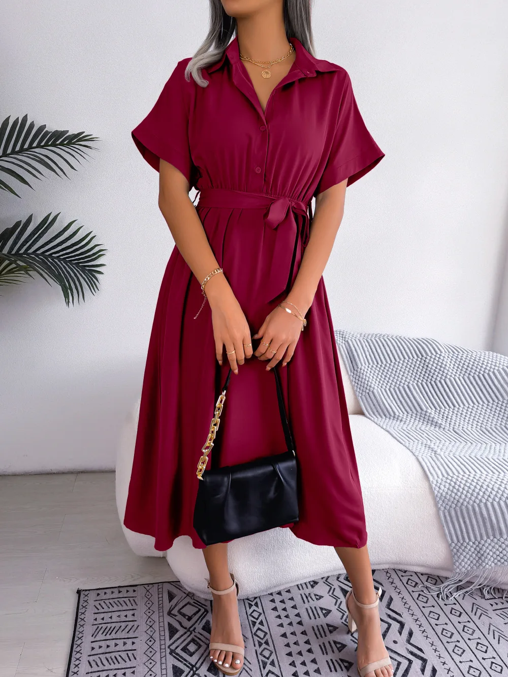Summer Turn-down Collar Solod Color Women Shirt Dress Fashion Loose Casual Elegant Lace-up Long Dresses