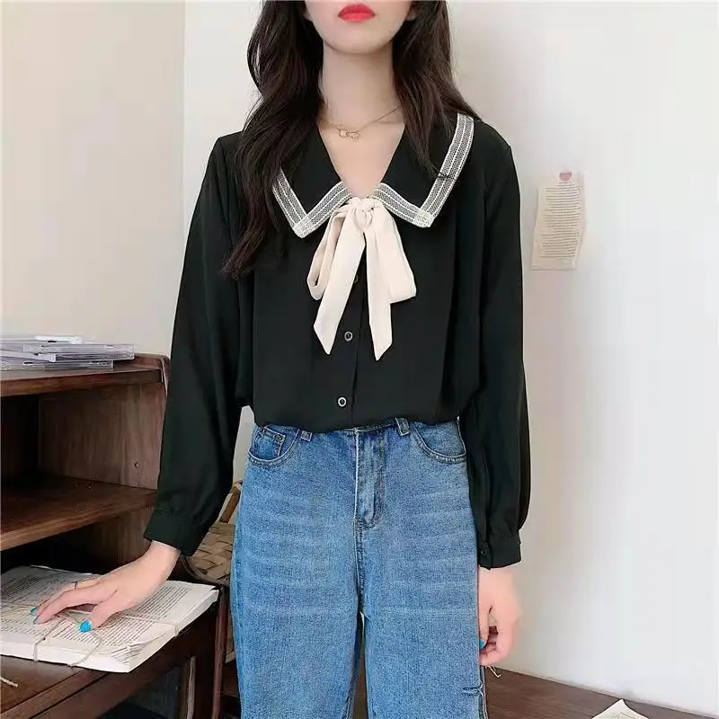 Gidyq Fashion Women Chiffon Shirts Korean All Match Bow Loose Tops Y2K Casual Elegant Female Cute Long Sleeve Blouse Spring New