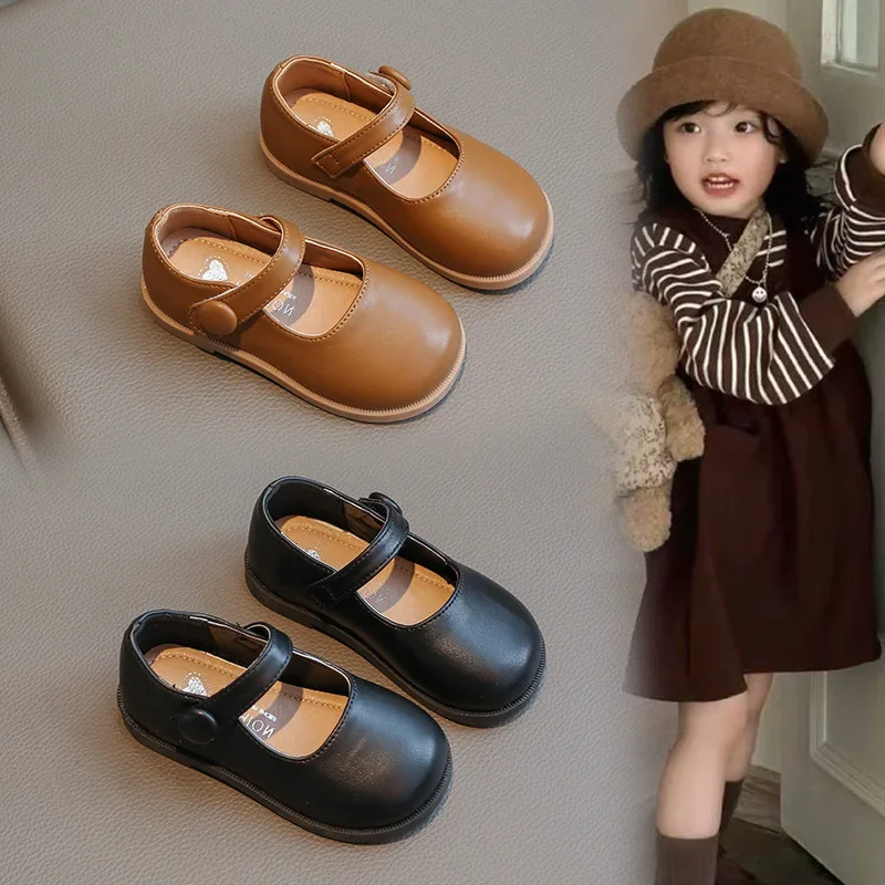 Little Girl's Mary Janes Soft Leather Plain Design Autumn Children Princess Shoes Light Round Toe Daily 23-34 Toddler Kids Flats