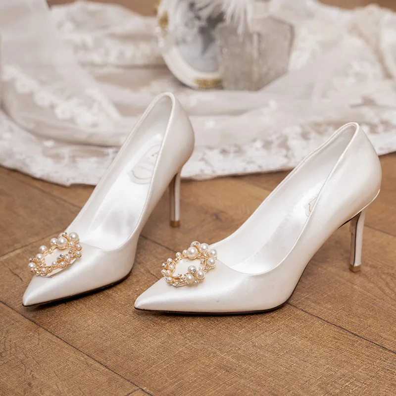 

French Bridal Shoes Red Wedding Heels Pearl Buckle White High Heels for Bride