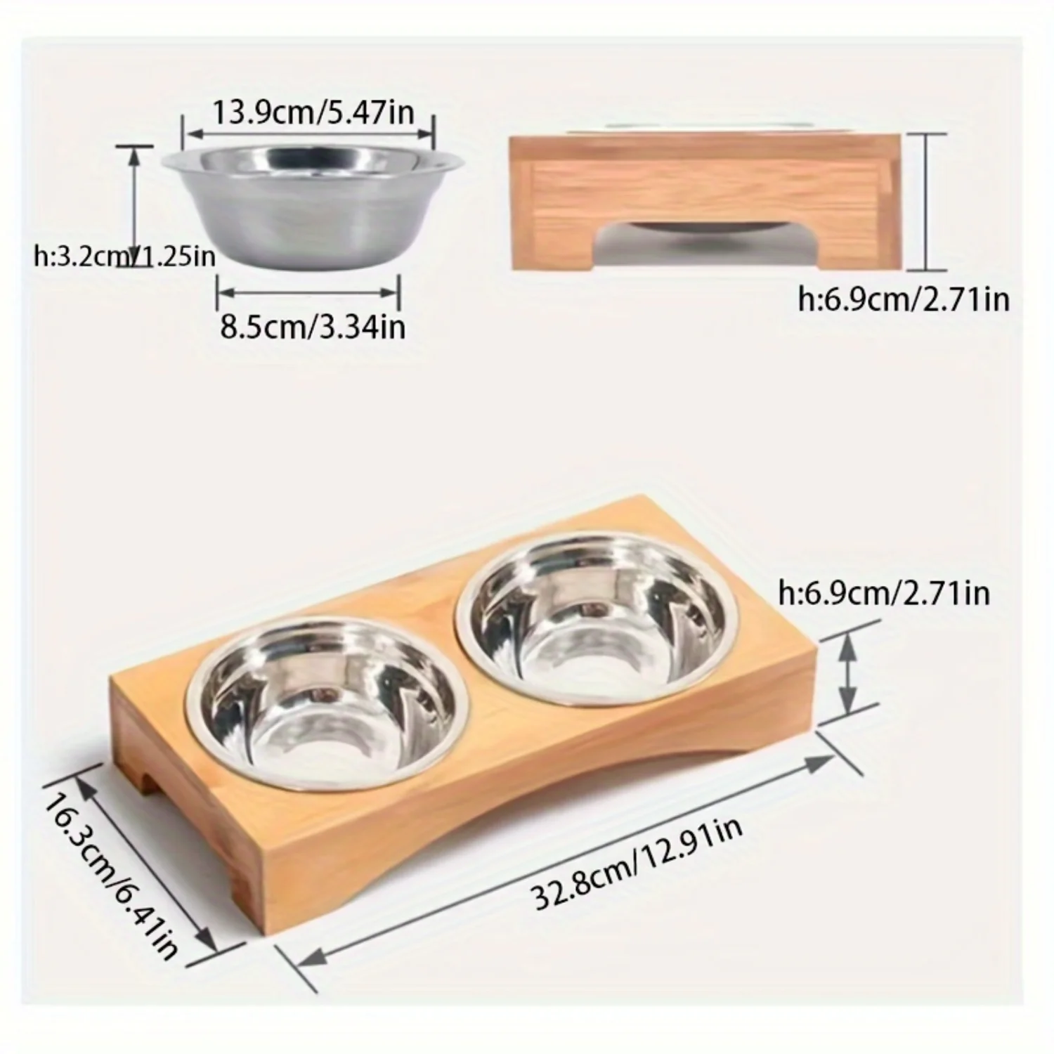 Feeding And Watering Set With One Bamboo Tray And Two Bowls, Durable Ceramic Bowl, Leak Proof, Suitable For Feeding Small Cats A