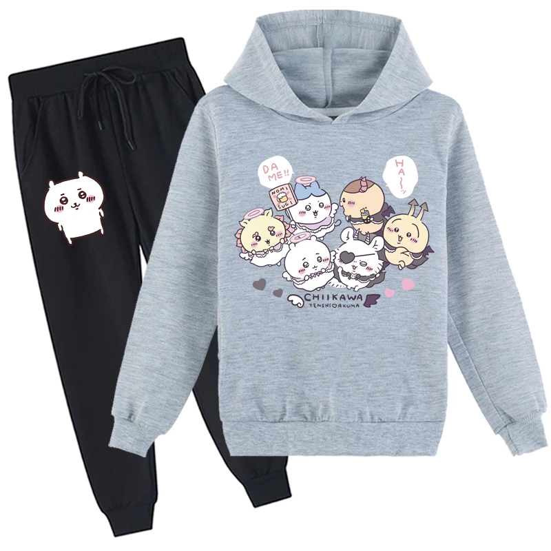 Little Kid Chiikawa Jersey suelto sudadera y pantalones para correr conjunto de 2 piezas, camisetas de manga larga de otoño sudaderas con capucha ligeras para 2-14 años