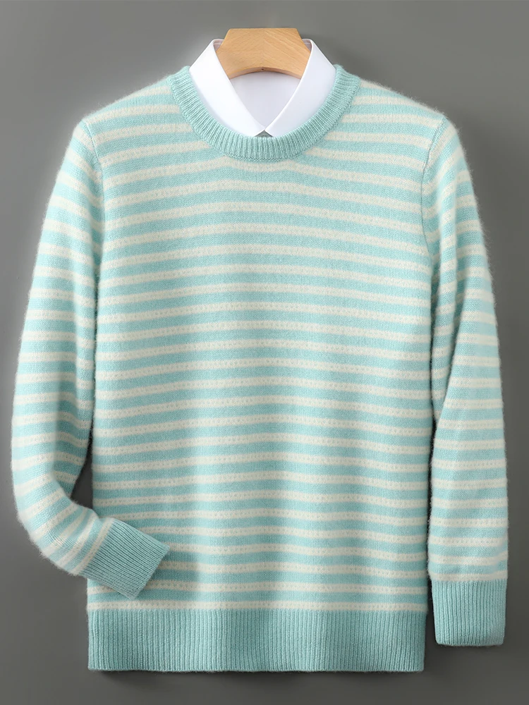 100% Merino Wool Men's Round Neck Casual Fashion Horizontal Stripe Top Autumn Winter Pullover Wool Sweater