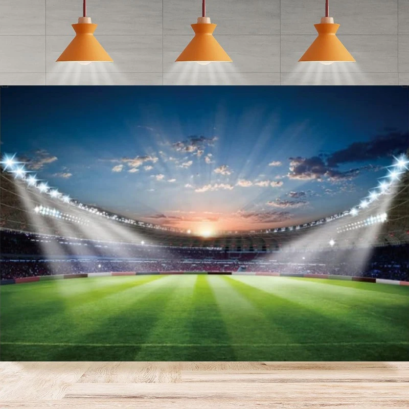 

Soccer Filed Photography Backdrop Party Stadium Green Grass Football Filed Spotlight Lights Background Wall Home Decor Banner