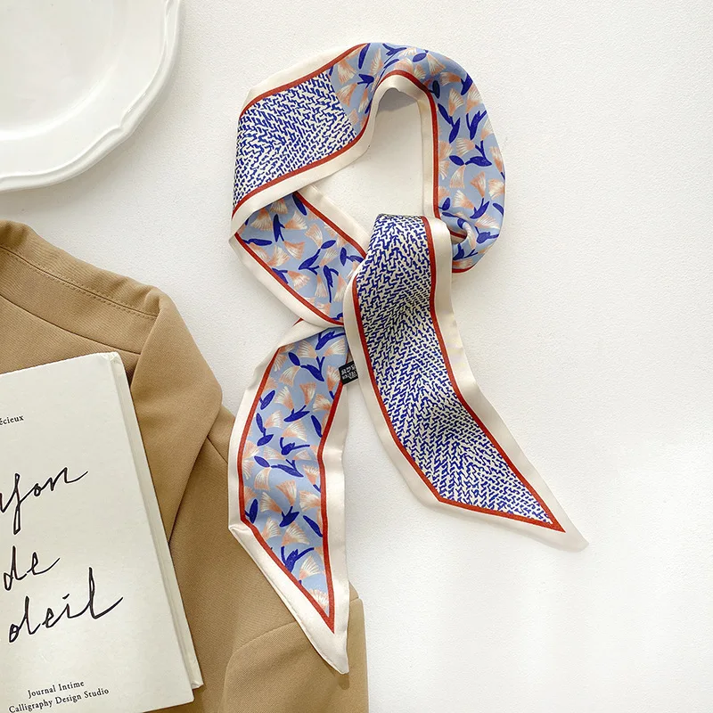 

Retro Coffee-Brown Floral Print Silk Scarf Versatile Print Headband for Hair Styling, Scarves, Bags, and Ribbons