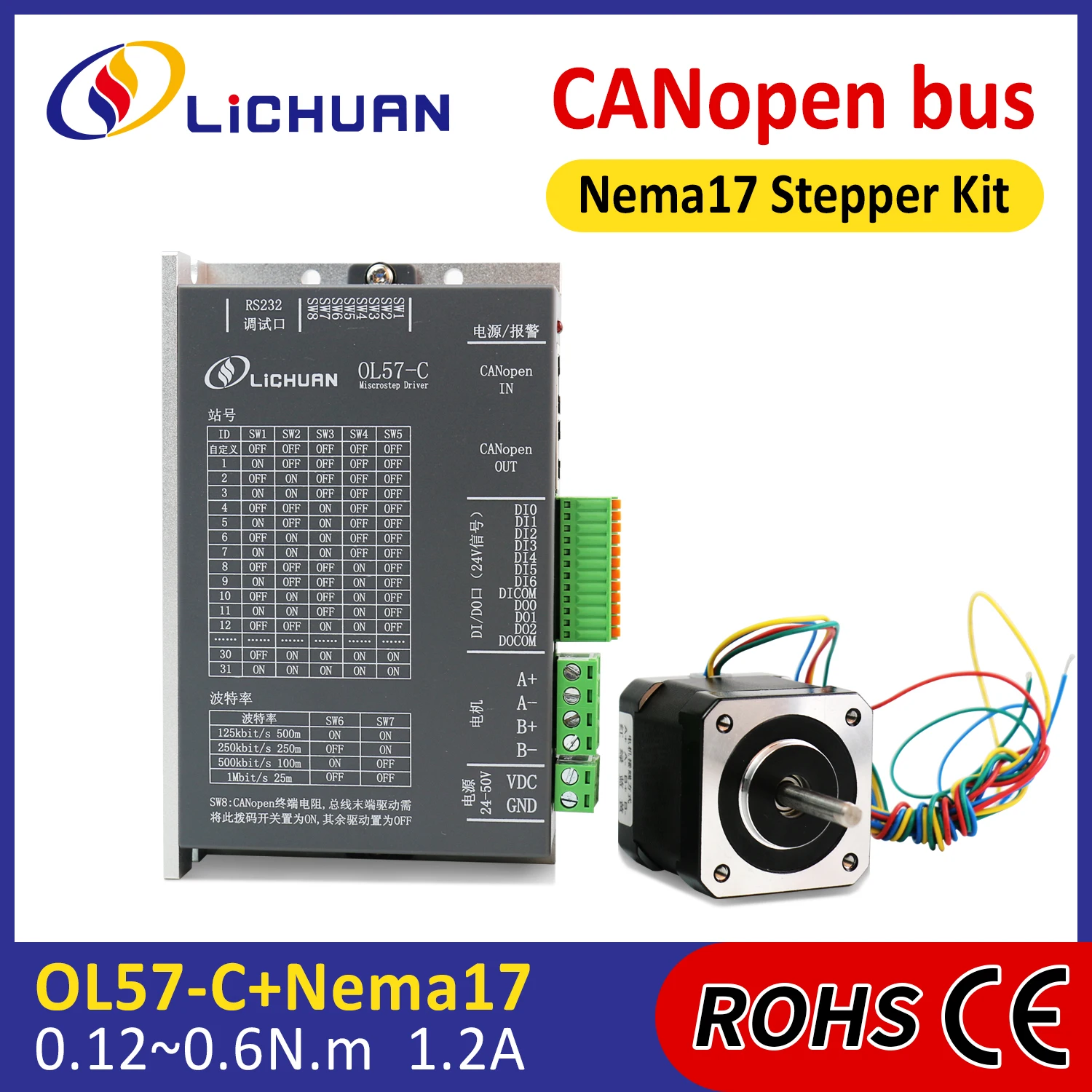 

Комплект контроллера шагового двигателя Lichuan 1,2 А постоянного тока, 24 В ~ 50 В, 0,12/0,21/0,3/0,4/0,6 Нм, 2-фазный комплект драйверов шагового двигателя с открытым контуром Nema17