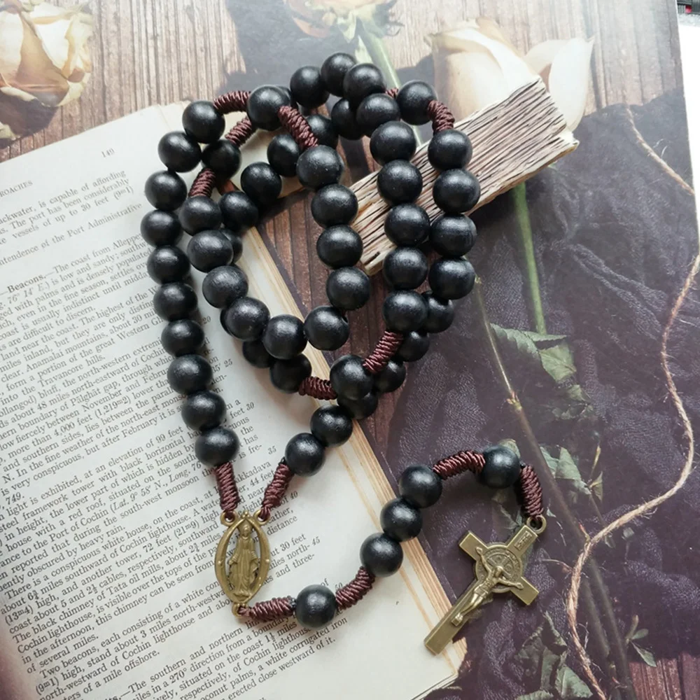 Cottvott Bronze Color St.Benedict Exorcism Medal Black Wood Beads Chain Catholic Crucifix Cross Rosary Necklace Chaplet Jewelry