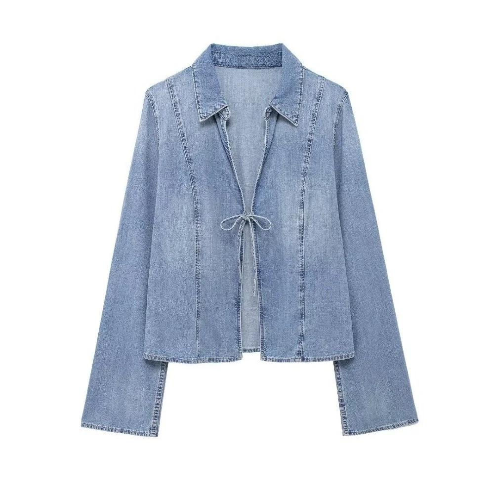 

Jackets Denim Coat Women Shitr Blouse Lace-up Outerwear Vintage 2025 Overcoat Washed Turn Down Collar Single Breasted Streetwear