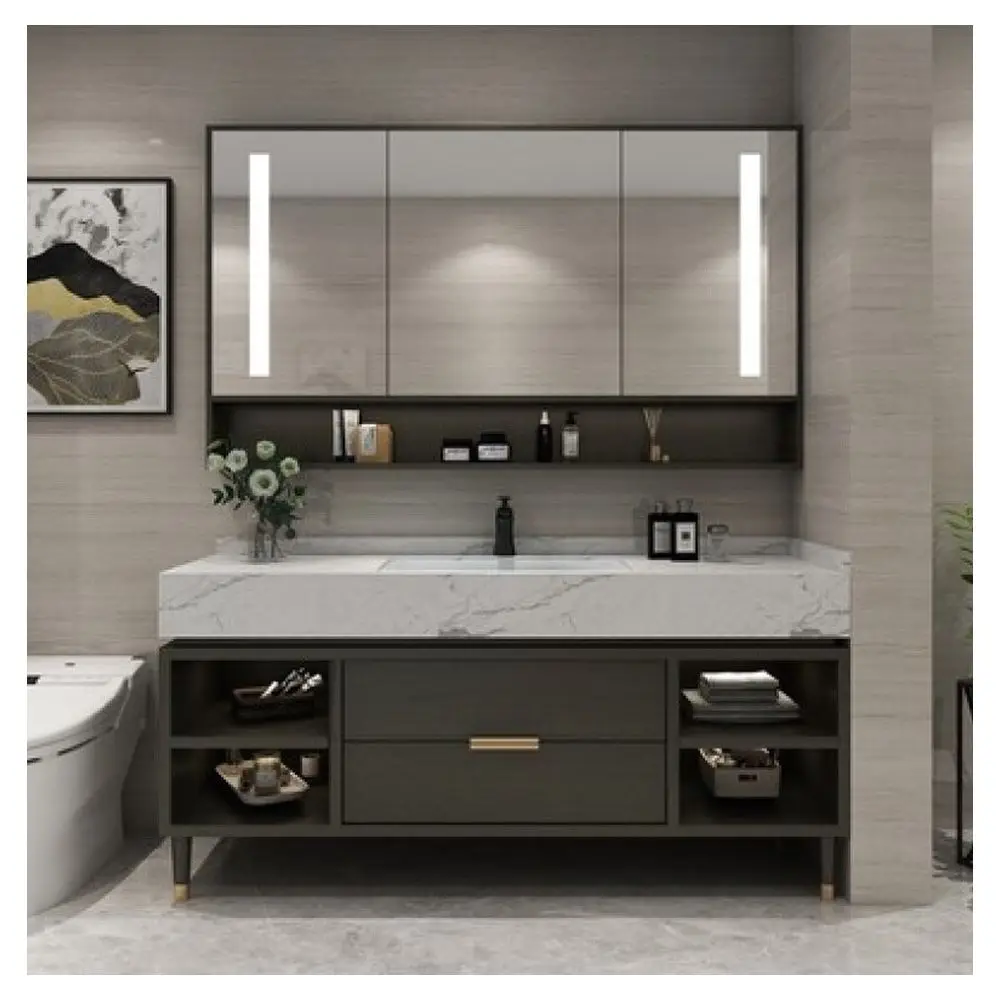 

Modern Floating Sink Vanity Slate Basin Wall Mounted Washbasin Cabinet Marble Bathroom Vanity With Mirror