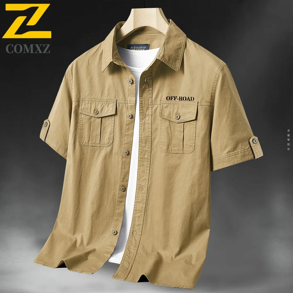 2025 New Work Shirts Men's Summer Trendy Pure Cotton Loose Multi-Pocket Button Short-Sleeved Shirt Casual Hiking Fishing T-Shirt