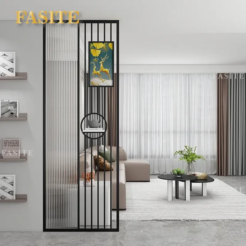 For Modern Light Luxury Changhong Glass Wrought Iron Screen Partition Vertical Strip Metal Grille with Circular Storage Table
