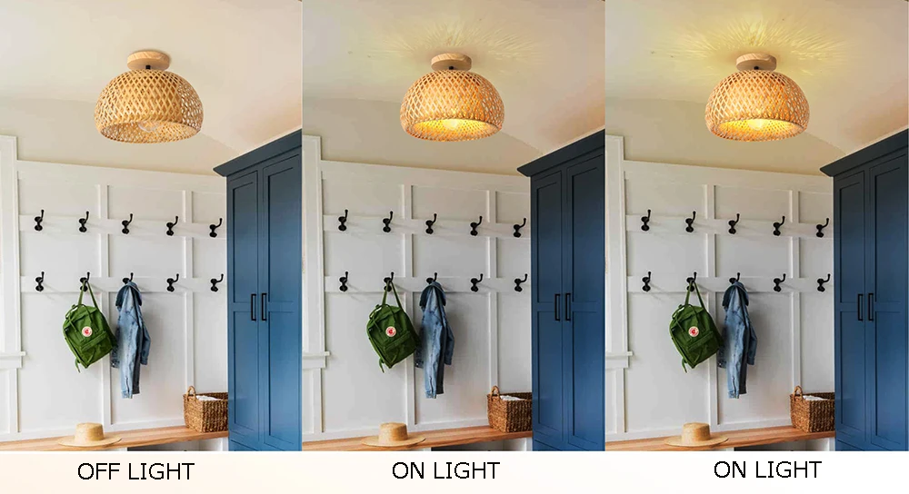 Handmade Boho Bamboo Wicker Ceiling Light Fixture Traditional Farmhouse Bedroom Nursery Hallway Corridor Mount Ceiling Lamp