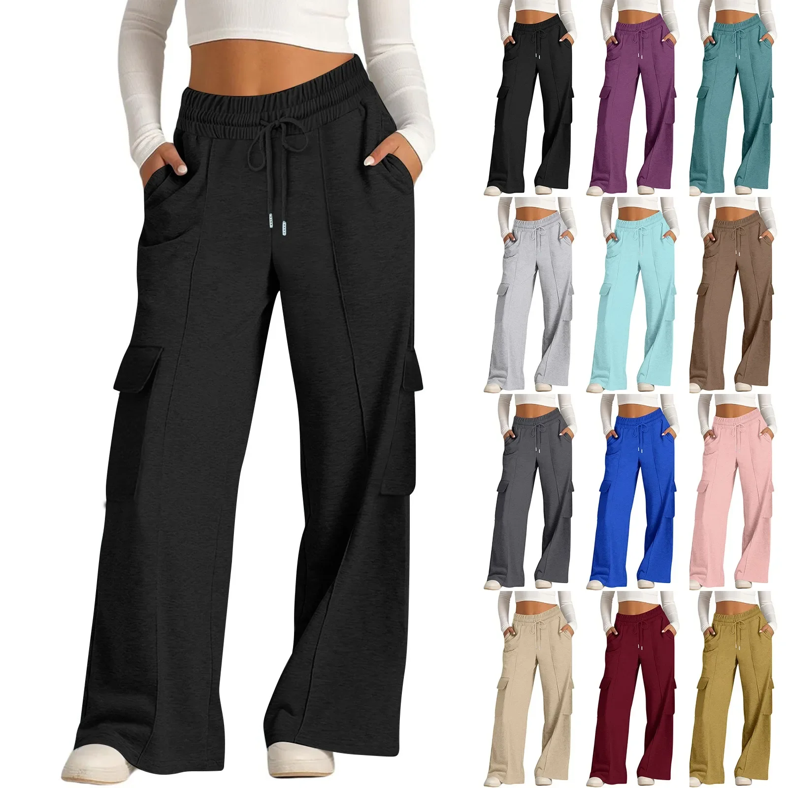

Women's Loose Wide-leg Pants Casual Solid Color Elastic Waist Drawstring Sweat Pants with Pockets Workwear Style Sports Trousers