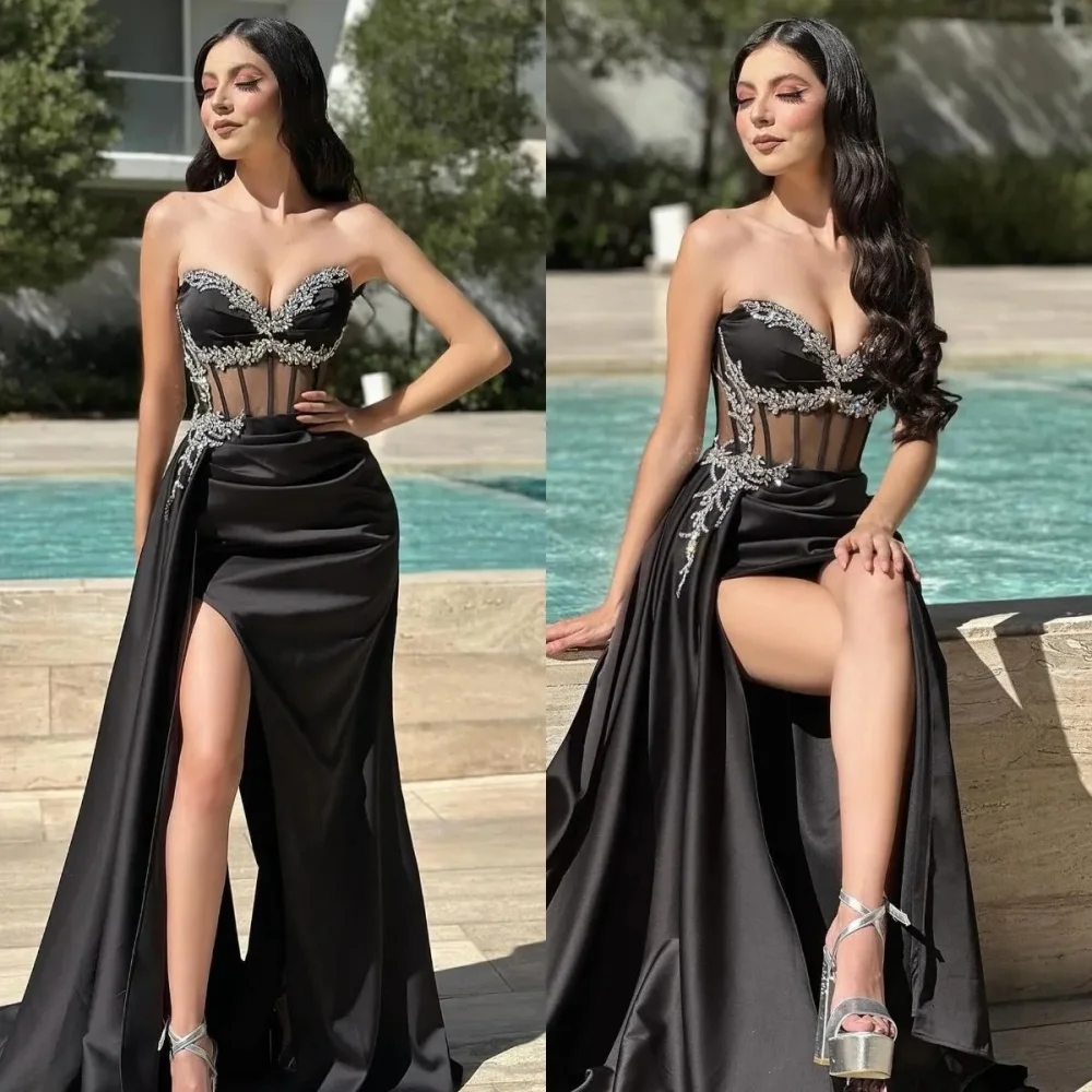 Gorgeous Sexy Black Ball Gown Crystal Sweetheart Evening Gown Illusion Bustier Sediment Formal Red Carpet Long Special Occasion