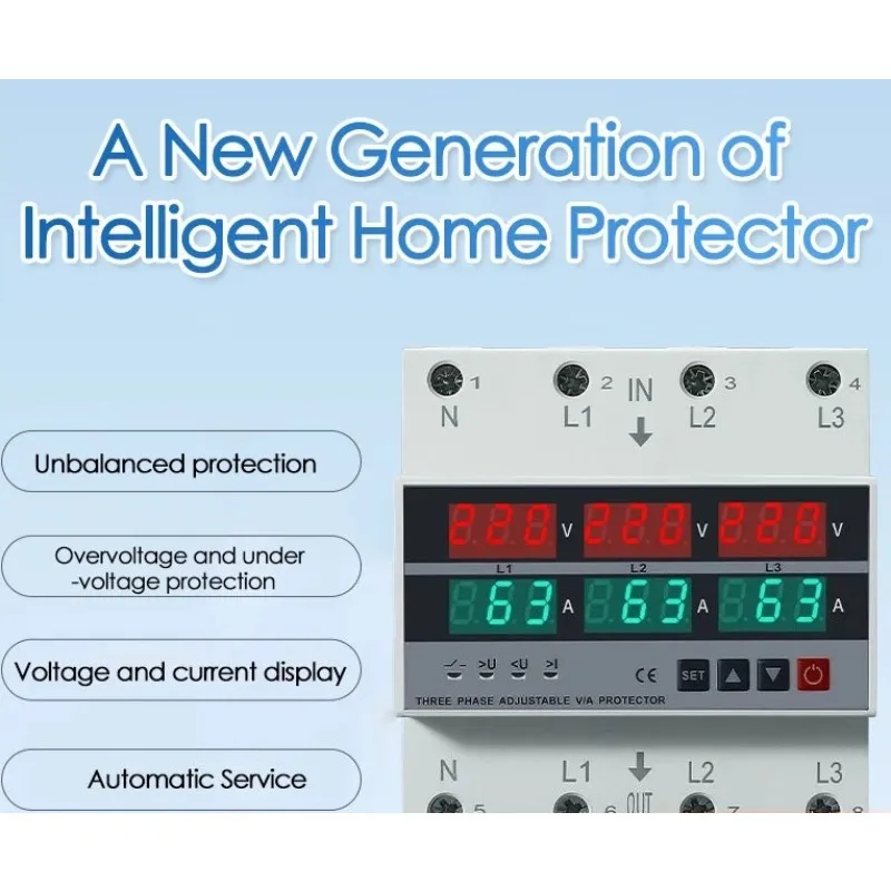 3 Phase DIN Rail Protection Relay, 63A/100A Adjustable Over/Under Voltage & Overcurrent Protector with Voltmeter Ammeter