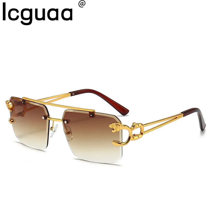 Luxury Brand Designer Punk Sun Glasses With Lion Decor Square Rimless Gradient Vintage Sunglasses Lentes De Sol Hombre