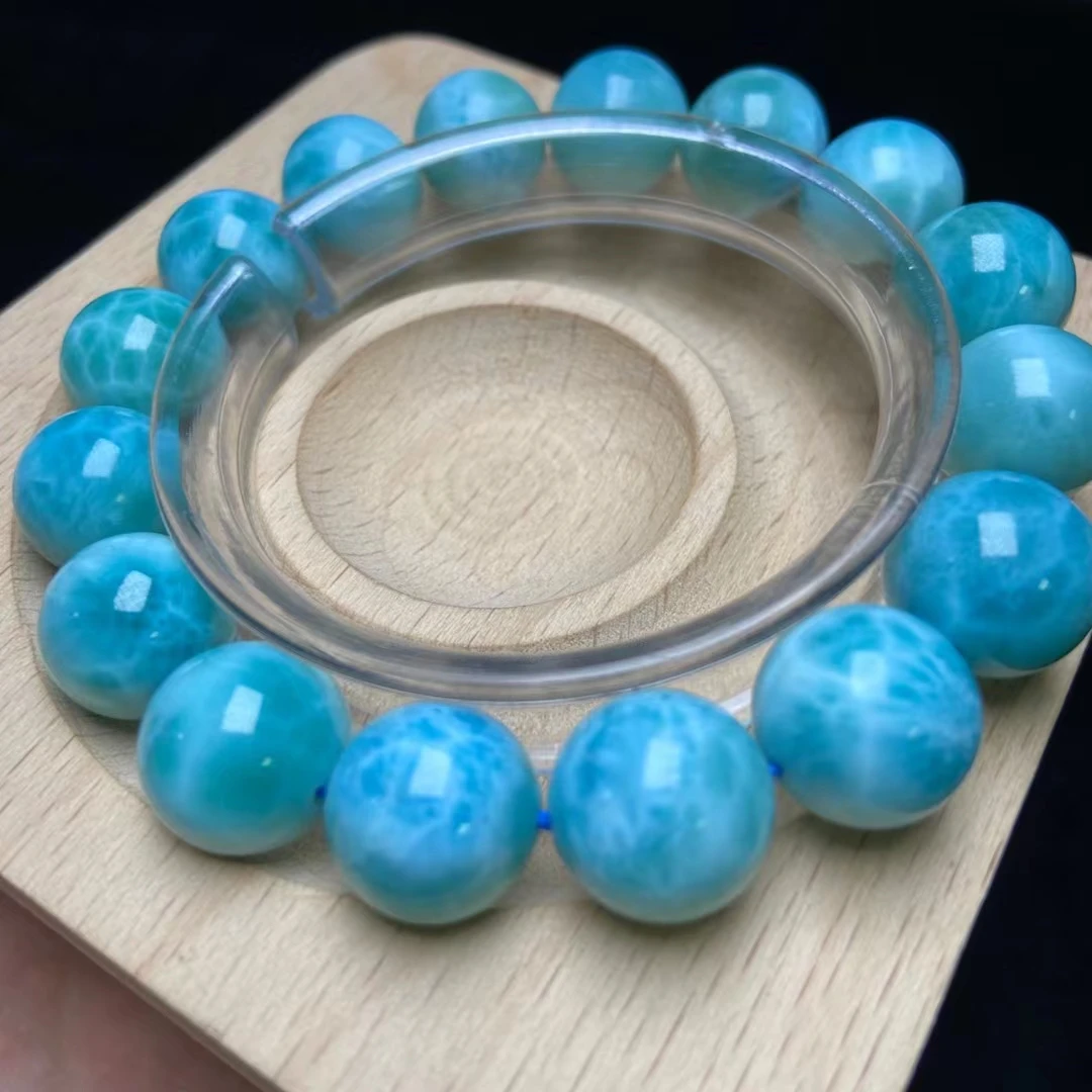 Natural Blue Larimar Gemstone Beads Bracelet Women Men 13.7mm Big Size Larimar Water Pattern Rare Jewelry AAAAAA