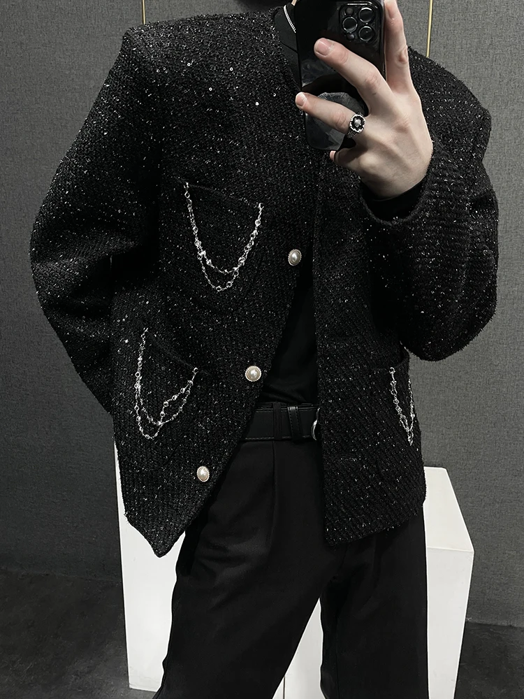 Chain Decoration Design Padded Shoulder Collarless Jacket Boys 2024 Loose High-End Coats Small Fragrant Trendy Sequin Jackets