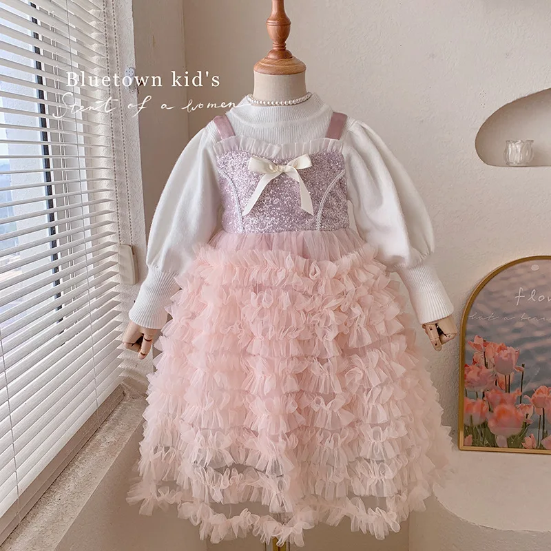 2024Girls New Autumn and Winter High-End Temperament Dress Shiny Crystal Bow Pink Princess Dress