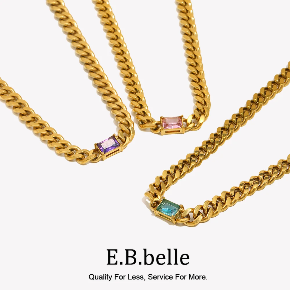 6.5mm Cuban Chain Rectangle Zircon Pendant Necklace Gold Plated Stainless Steel Chain Choker Necklaces For Woman Jewelry