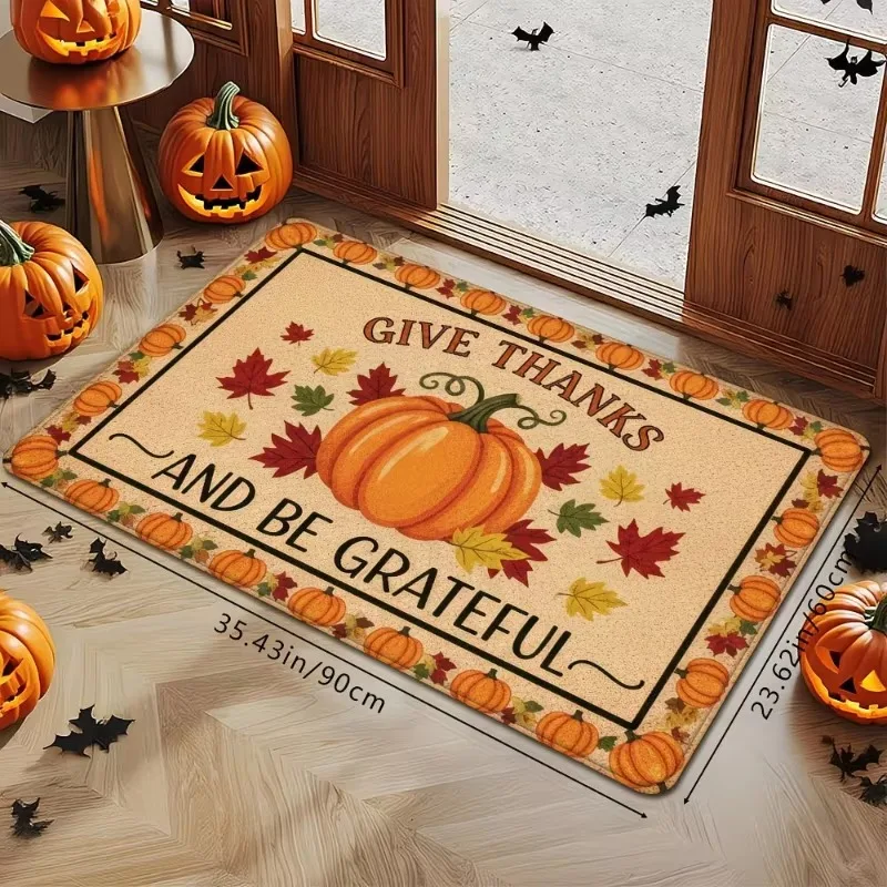 Give Thanks And Be Grateful Doormat Pumpkin Maple Leaf Print Floor Mat Thanksgiving Holiday Home Entrance Decor Rug