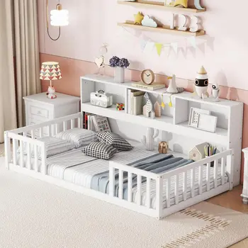 Cama de chão infantil, tamanho duplo, estrutura de cama com estante e prateleiras para crianças, meninos, meninas, branco duplo, estável e resistente
