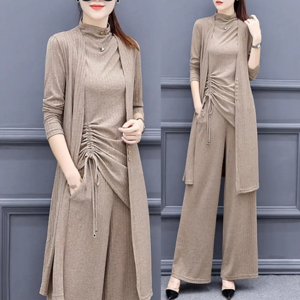 3Pcs/Set Casual Women Suit Solid Color Knit Side Bandage Tanks Top Pants Long Sleeve Cardigan Office Lady Suit Pant Sets