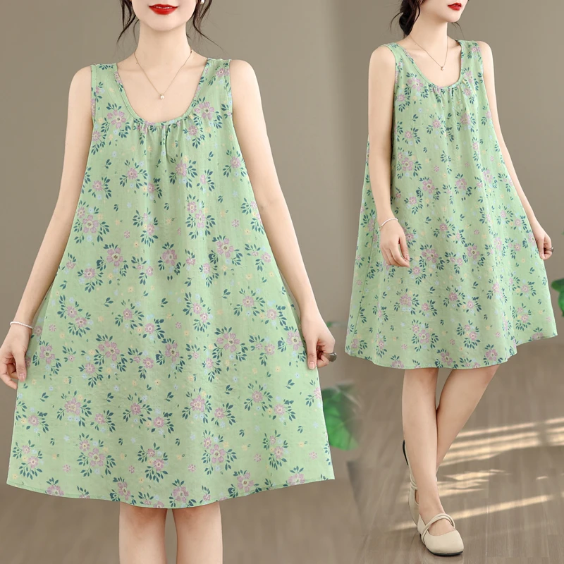 

Summer Loose Cotton Linen Print Maxi Dress Women's plus Size A-Line Gown Sleeveless round Neck Artistic Style Citywalk Dress